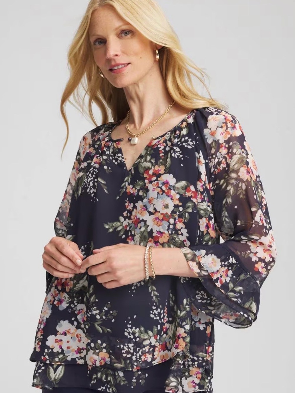 NWT!   CHico’s top - Floral Chiffon Layered Blouse - Navy
